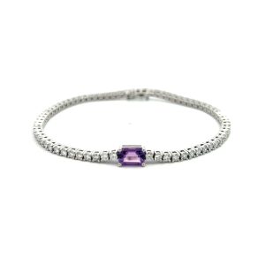 Pulsera tenis en Oro Blanco 10k con Diamante Natural y Amatista natural
