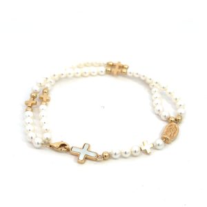 Pulsera Diseño en Perlas con Cruz y medalla en Oro amarillo de 14kt