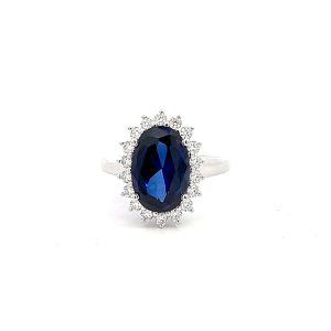 Anillo Plata 925 Lady Diana con zafiro azul de lab y moissanita