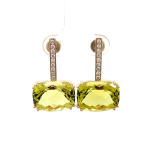 Aretes 14kt Oro Amarillo con Cuarzo Limon y Diamantes