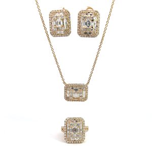 Set 14kt Oro Amarillo Aretes, anillo y collar con Diamantes Naturales