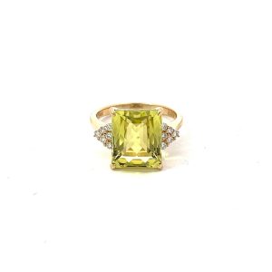 Set Aretes y anillo cuarzo limon con diamantes en oro 14kt