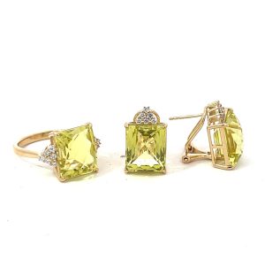 Set 14kt Oro Amarillo Aretes y Anillo Cuarzo limon con Diamantes