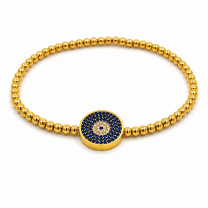 Pulsera 18kt Oro Amarillo Bolitas Elastica Ojo Turco