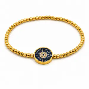 Pulsera 18kt Oro Amarillo Bolitas Elastica Ojo Turco