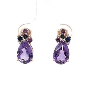Aretes 14kt Oro Rosa con Amatista Natural y Diamantes