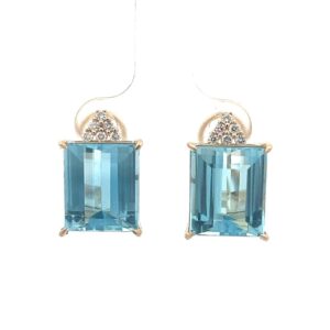 Aretes 14kt Oro Amarillo con Diamantes Naturales y Topacio Azul