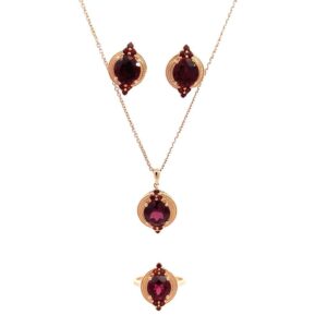 Set 14kt Oro Rosa Aretes Anillo Gargantilla con Granate y Diamantes