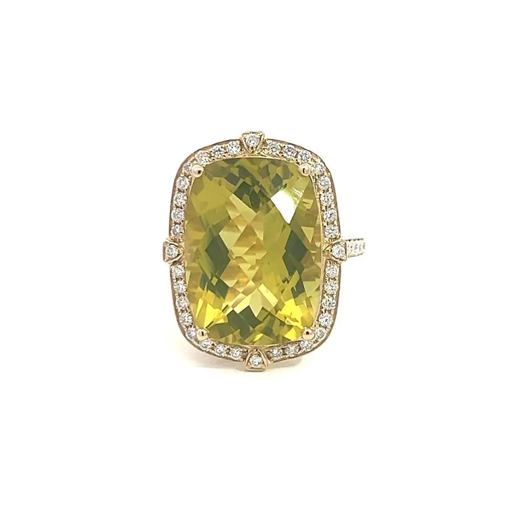 Anillo 14kt Oro Amarillo con Cuarzo Limon y Diamantes Naturales
