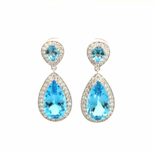 Aretes 10kt Oro Blanco con Diamantes De Laboratorio y Topacio Azul 14ct